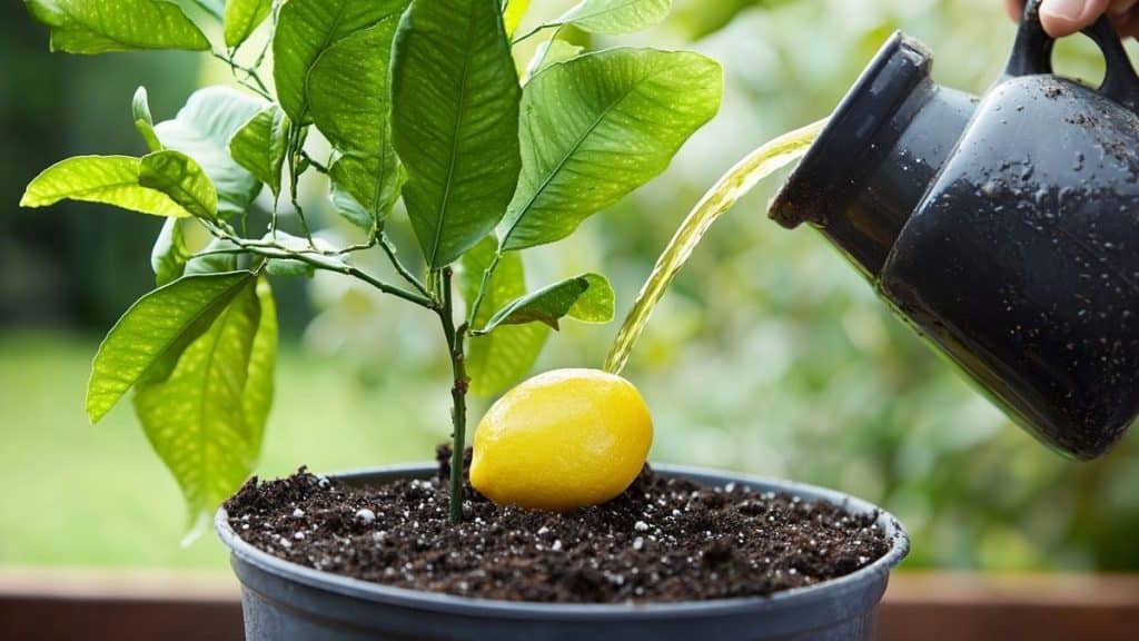 on voit un pot  qui est remplis de terreau . Et une personne qui  arrose un citron mais également la plante  . Et c’est en  printemps  qui est la bonne  période pour remporte 